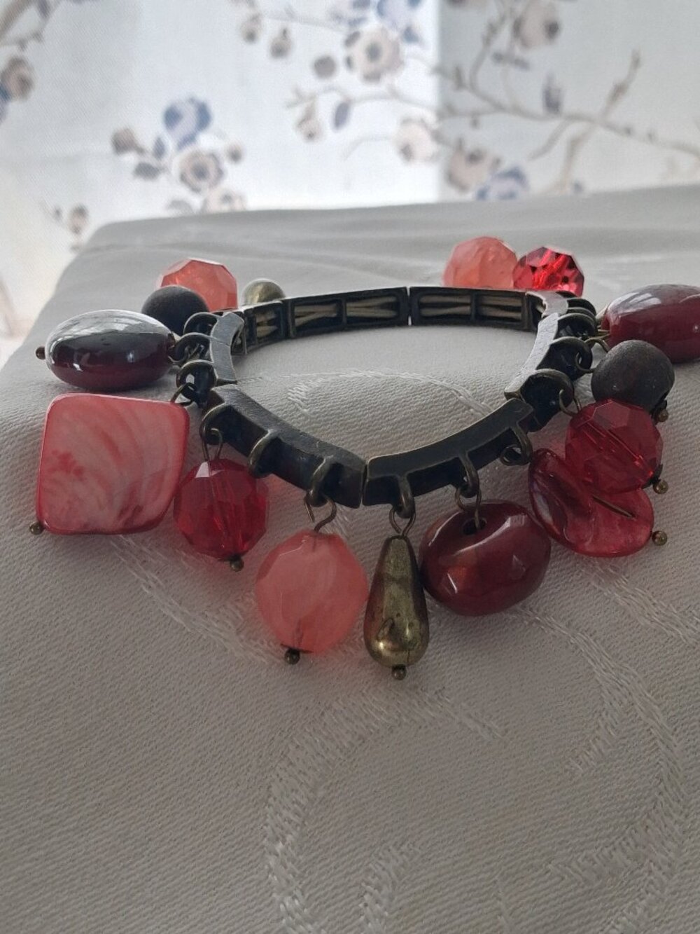 Pink Red Beaded Charm Bracelet Bronze Tone Statement Boho